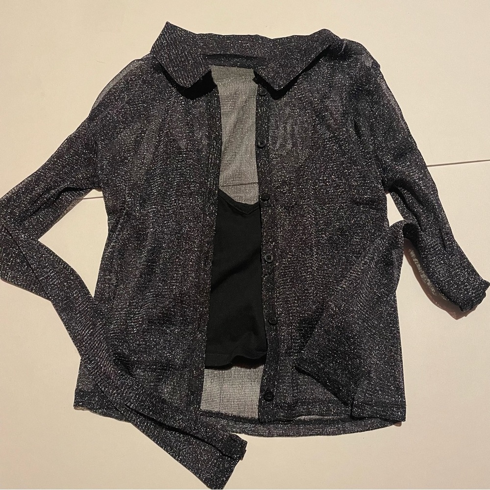 women’s black & silver sparkly mesh button down shirt w/ camisole from hollister